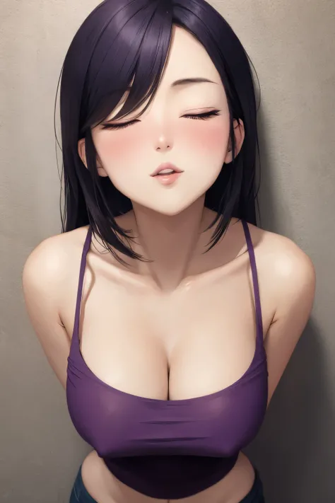 a short sexy woman wearing purple t shirt and black tracks, pinned against the wall, eyes closed, lips parted, blushing intensely, ready to kiss