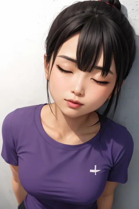 a short sexy woman wearing purple t shirt and black tracks, pinned against the wall, eyes closed, lips parted, blushing intensely, ready to kiss