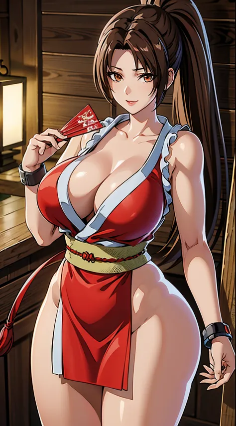 女性1 person、red dress, sleeveless, komono, ((mai shiranui:1.2)), bare shoulders, brown hair, brown eyes, long and high ponytail, ...