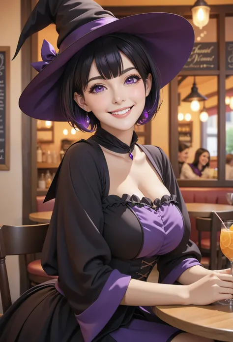 beautiful witch, short black hair, purple eyes, Large bust, Dressed in witch clothes, Smiling while sitting in a bistro, actual, Full HD, best quality