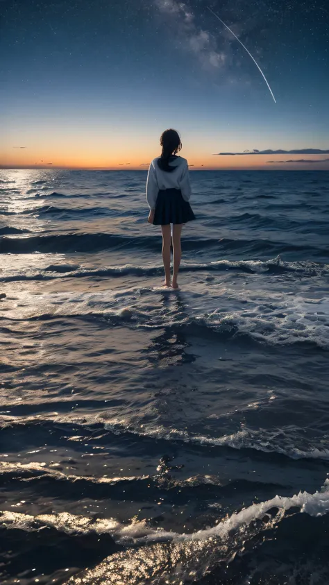 ((masterpiece, highest quality)), At night, thin clothes, girl, Put one foot in the sea with just the toe, girl standing, girl sideways, girl between the horizon and the sea, view from the side, Ripples spreading from the toes, The site is approximately 20...