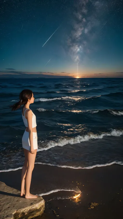 ((masterpiece, highest quality)), At night, thin clothes, girl, Put one foot in the sea with just the toe, girl standing, girl sideways, girl between the horizon and the sea, view from the side, Ripples spreading from the toes, The site is approximately 20...