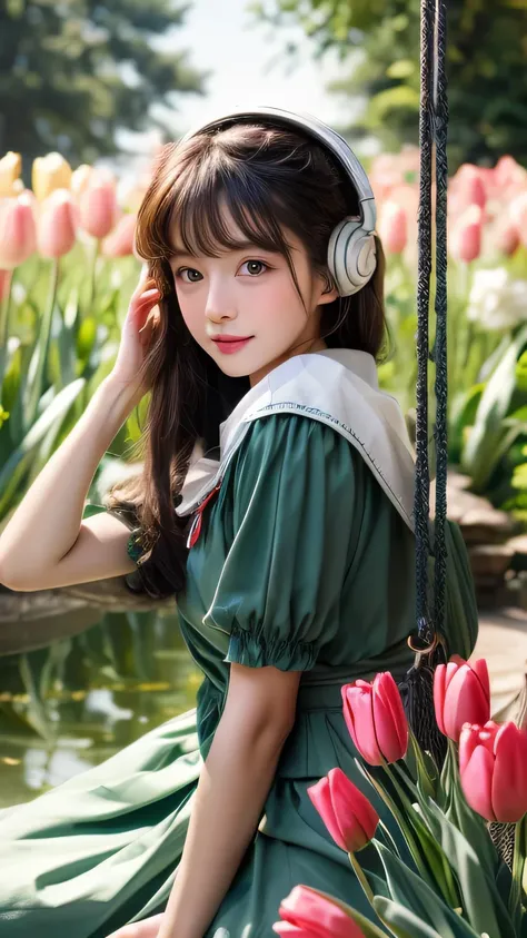 Dragon Ball　bloomers, futuristic scene, Mechanically enhanced Japanese high school girl、Elegant in an elaborate garden. She has beautifully detailed eyes and lips that complement her face. high school girl。.uniform。.。.。.。.。.。14 year old girl.. Around her a...