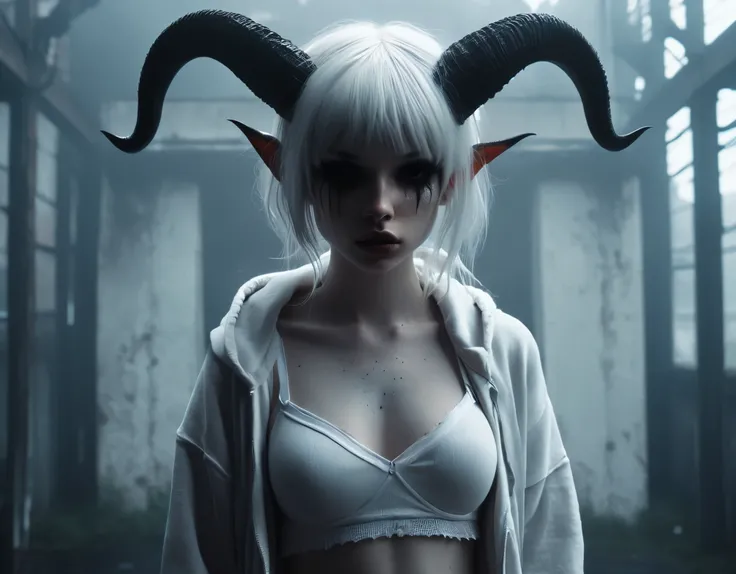 (Best Quality,hight resolution,Masterpiece, full body view:1.2),Ultra-detailed,demon woman with horns,dressed in black hoodie and white panties,sickly,standing in a horror sci fi scenario,horror sci fi aesthetic,gloomy ecstasy,fetish,dark gloomy atmosphere...