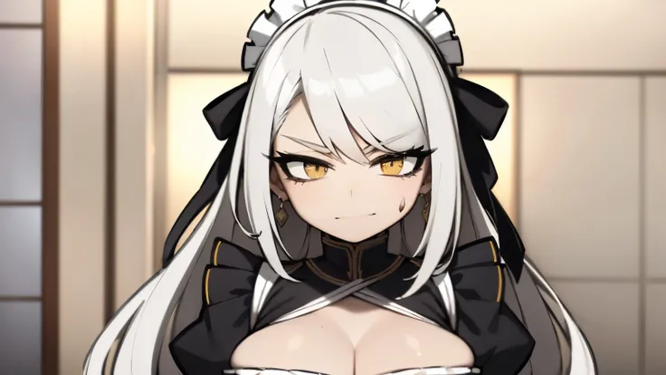 (best quality,highres),tall woman with a big bust smiling towards the camera, removing a black mask with her white hair and yellow eyes, Wear a maid outfit costume with blood stains, holding a gun make an angry face
