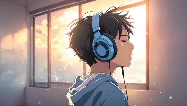 Boy with headphones and close eyes feel tthe music,and anime 