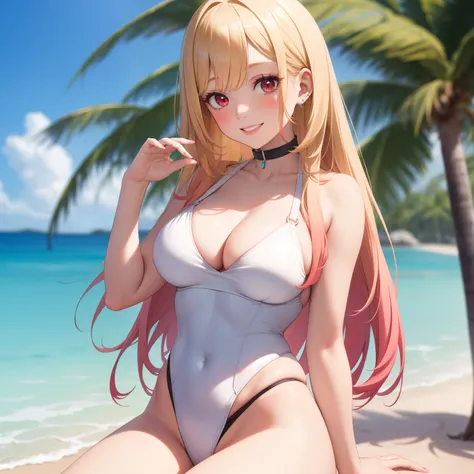 Absurd resolution, high resolution , high quality, (​masterpiece:1.4), ultra-detailed ,super detailed skin, (((Solo))), 1girl in, Red Eyes, medium breasts, Long hair, a blond, Straight hair, Bangs, earrings, cleavage, (((White High-cut swimsuit))), light s...