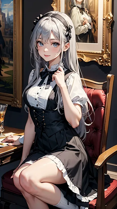 (famous paintingasterpiece、official art), (1 woman), (attractive woman), ((famous paintings、highest quality)), 8K, ((28 years old)), ((silver hair)), long hair, bangs, messy hair, attractive woman, black eyes, big shining eyes, Beautifully drawn eyes, smil...