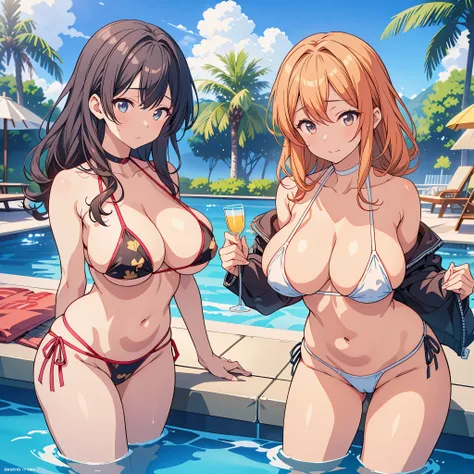 Two women in bikinis standing in pool drinking drinks, anime girl, two beautiful anime girl, Sex, realistic bikini, wlop and sakimichan, seductive anime girl, Sex anime style, shikamimi, Sex style, tits proportions, tits, thick, Gweiz, Kantai Collection St...