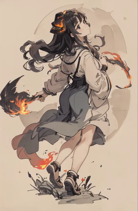 masterpiece, highest quality, night, hill, cloud, full moon, long hair, woman, silhouette, fire Fly.