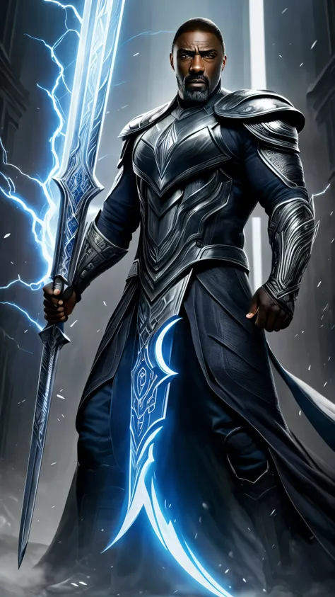 ator ((Idris Elba)) como Raiden, combate mortal, usa manto branco, A Vietnamese hat, Olhos azuis brilhantes, wields baton, God of thunder, protetor do Plano Terreno, intricado, Alto detalhe, sharp focus, dramatic, arte de pintura fotorrealista de Greg Rutk...