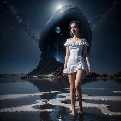 absurdres, highres, (official art, beautiful and aesthetic:1.2), (near vision:1.15), (1girl, blue hair, medium hair, blue eyes, bright eyes, short white dress, blue ruffle,:1.2) blue sky, Shimmering Galaxy, (Salar de Uyuni:1.2), (fractal art:0.8), water ef...