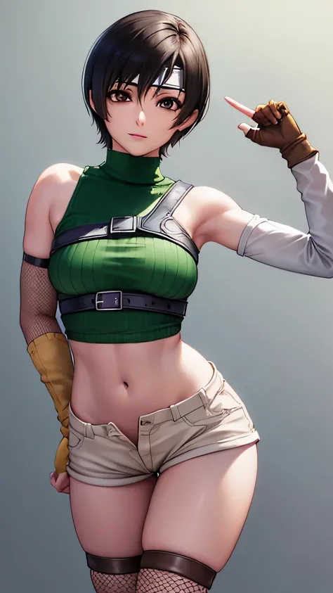 yuffie exaragi, yuffie kisaragi, (black hair:1.5), (brown eyes:1.7), short hair, pixie cut,
breaking crop tops, fingerless glove...