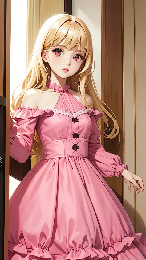 a girl, blonde hair, big eyes, red eyes, luxurious face, beautiful, rich, wearing a pink dress