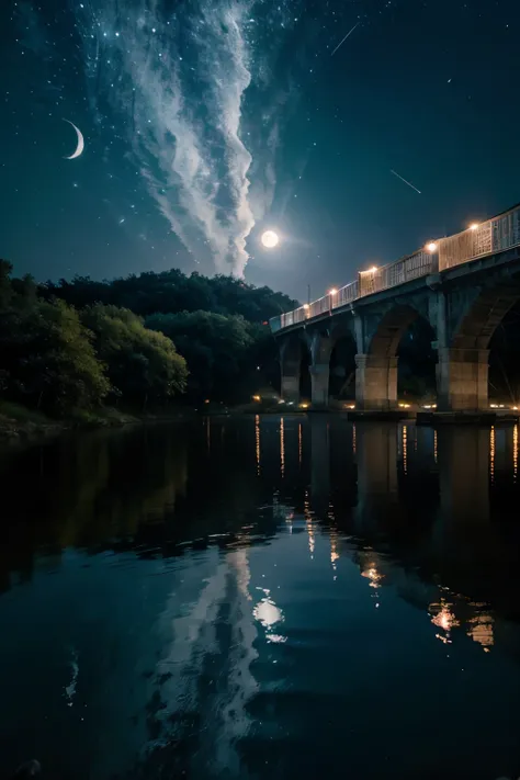 ultra high definitoin, bridge connecting two moons, moonlight, galaxy far behind, nightfall, colorful, 4k, river water flowing below