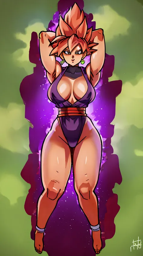 ((masterpiece, best quality)),(complex light), 1female,solo,upper body, goku black,black goku hair,black eyes, green potara earr...