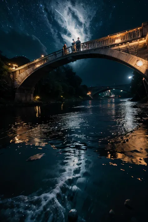 ultra high definitoin, bridge connecting two moons, moonlight, galaxy far behind, nightfall, colorful, 4k, river water flowing below