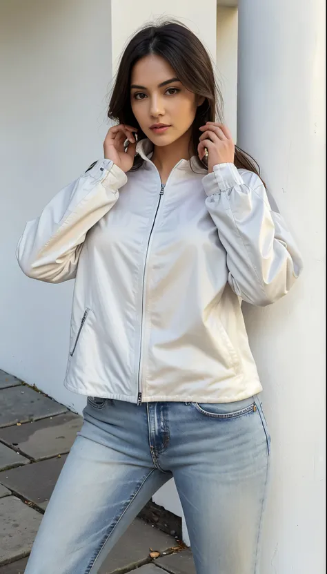 a woman in a white shirt and jeans posing for a picture, grey jaqueta, jaqueta, white jaqueta, short jaqueta, wearing jaqueta, 9 0s, 90s, niele toroni, branco e cinza, 2010s, 2 0 1 0 s, cinza claro, jaqueta over bare torso, cor prata