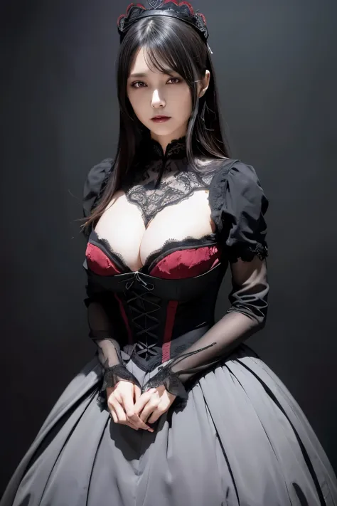 absurderes, masutepiece, Best Quality, nffsw, 1girl in, Mature Woman, (Sharp Focus), Villains smile, medium breasts, (Hair on long black background), (grey  eyes), (Detailed eyes), Gothic lace costumes, Black and Red theme, Realism, Black_castle, Ultra-det...