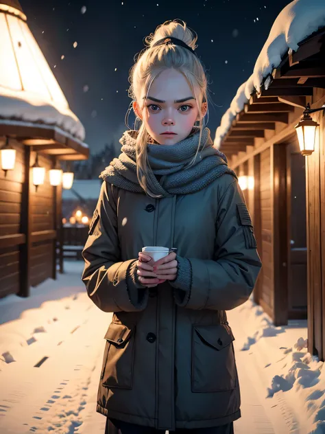 Elle Fanning, ponytail, scruffy, grubby skin, terrified expression, hands tied behind back, cold, snow, eyebrows raised, wearing padded blue parka, tatty patched canvas trousers, multicam keffiyeh, nighttime, standing beside traditional Mongolian yurt