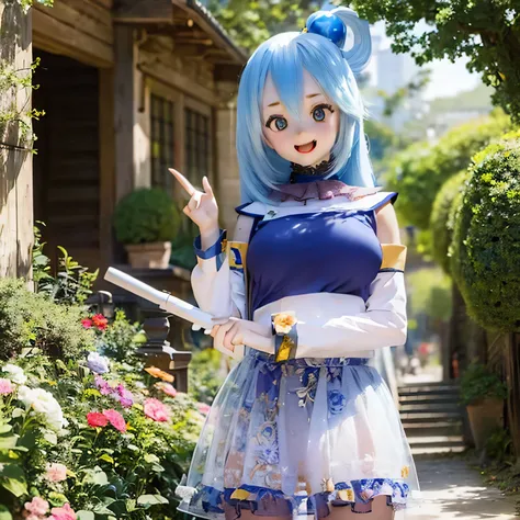 (a young girl with) blue hair, (wearing) a white and blue dress, (holding) a staff, (standing) in a lush, vibrant garden, (with) colorful flowers (blooming) around her, (under) a clear blue sky.
(portraits) of the girl, (photorealistic) rendering, (with) (...