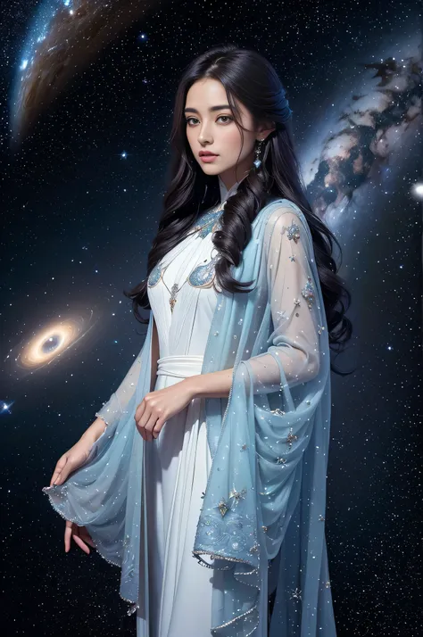 space explorer a woman with deep meditative eyes, hair flowing like stardust, (delicate decoration: 1.4), (celestial motifs: 1.4...