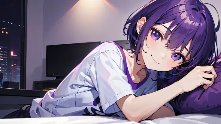 (T Masterpiece，4k wallpaper，best quality))、((girl１people))、(solo)、Shining and vivid，(purple hair)、(shortcut:1.3)、smile、Bedroom、T-shirt、night