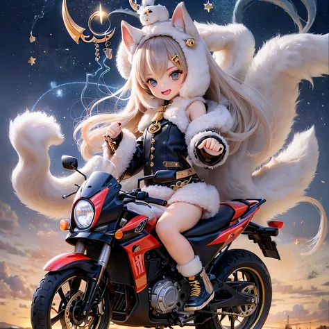 (best quality,highres:1.2),shiba inu girls,adorable chibi style,vibrant colors,fantasy landscape,riding on a motorcycle,magical surroundings,sparkling stars,wind blowing their hair,joyful expressions,wonderful adventures,playful atmosphere,beautiful sunset...