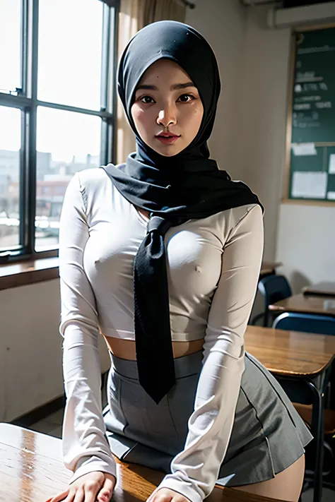 masterpiece, best quality, 8k, 85mm portrait, absurdres, beautiful girl, (upper body:1.4), cute, street,white shirt, (school uniform, white shirt, long sleeve,blue skirt, very short skirt, grey tie:1.2),(head covered hijab, islamic hijab, white hijab:1.1,s...