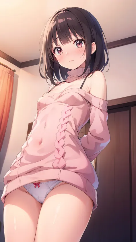 (highest quality), (masterpiece), 1080p, hd, 4k, 8K, ((long sweater onepiece)), high neck, bare shoulders, long sleeve, nose blush, frilled panties, shot from below, Are standing, arms folded, constriction, small breasts, cleavage, panties, black hair, med...