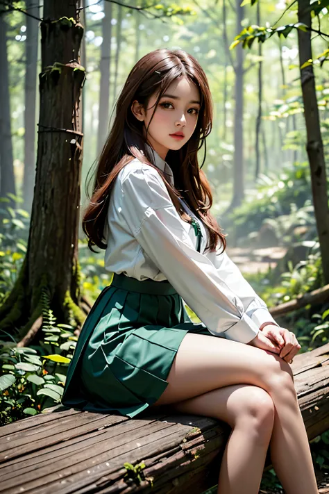 ((best quality)), ((masterpiece)), (detailed), perfect face, Arapé woman sitting on a log in the forest, korean beauty, thighs and skirt, different actions, stockings, 