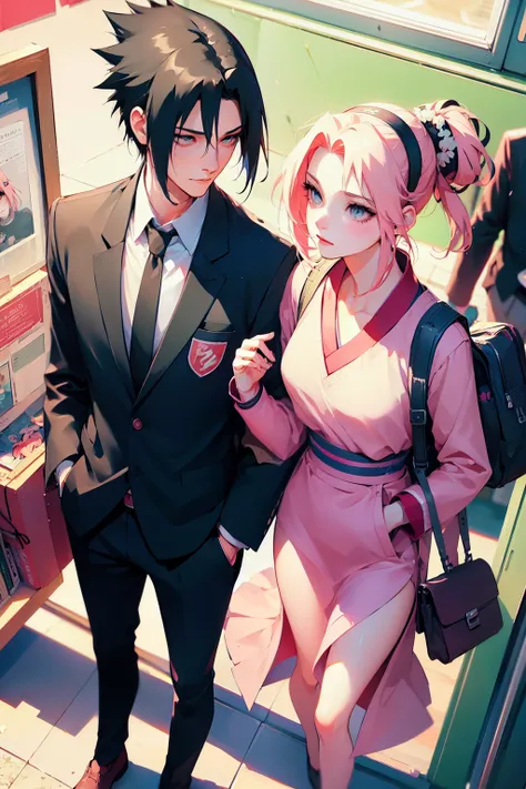 sasusaku. Sasuke Uchiha, a tall, black-haired man wearing a Quarterback football uniform, is a student, with his hands in his pockets. Sakura, a thin woman with pink hair, cheerleader. best quality, adorable, ultra-detailed, illustration, complex, detailed...