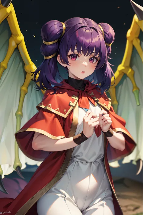 myrrh_fe, white dress, wristband, dragon wings, purple hair, upper body, cowboy shot