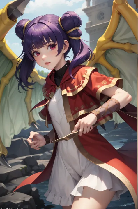 myrrh_fe, white dress, wristband, dragon wings, purple hair, upper body, cowboy shot