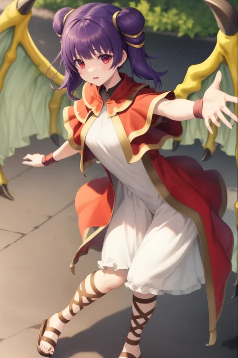 myrrh_fe, white dress, sandals, wristband, dragon wings, purple hair