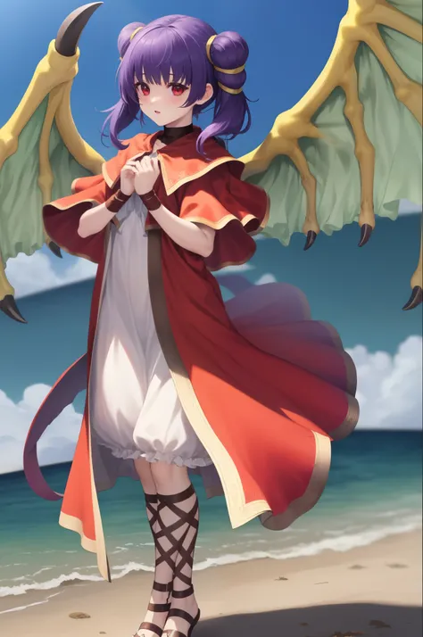 myrrh_fe, white dress, sandals, wristband, dragon wings, purple hair