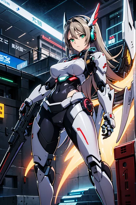 ((Mechanical eyes glowing green:1.3))、((No expression))、((look away:1.6))、(Cyber Headphonemechanical headgear)、(long hair)、anime girl with wings and a sword in a futuristic setting, Best Anime 4K Kona-chan Wallpaper, A girl wearing mechanical cyber armor, ...