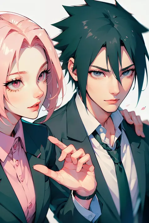 sasusaku. Sasuke Uchiha, a tall man with black hair and wearing a black suit, is a rich businessman with his hands in his pockets. Sakura, a thin woman with pink hair, short hair, secretary. are in the elevator. best quality, adorable, ultra-detailed, illu...