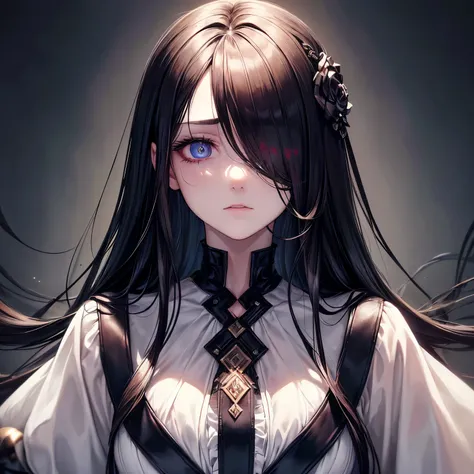 ((masterpiece, best quality)), (1girl), (solo), (female focus), ((dark hair, long hair, hair over one eye)), (hair over one eye: 1.2), sad eyes, cold facial expression, cold look, pale skin,  (dark circle under eyes), decadence, stunning, eerie, bag under ...