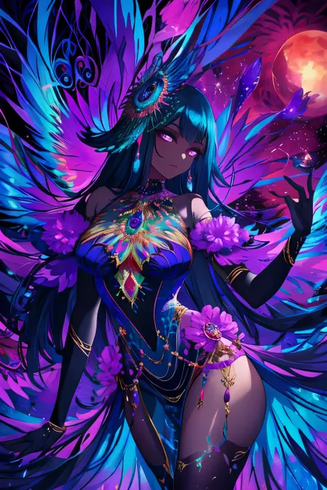 A captivating dark-skinned woman, adorned in a vibrant peacock-designed dress, poses before an otherworldly backdrop for an aesthetic album cover photograph. Her skin glows with rich tones under the ethereal moon and triangle motif. The moons soft light en...