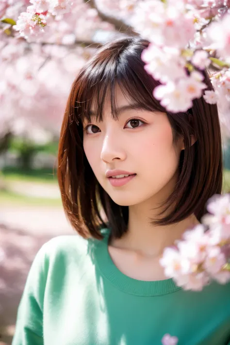 (masterpiece), High quality, 8K, High resolution, Skinny Japanese woman, 30 years old, Cute face:2, detailed face, detailed eyes, standing under cherry blossom trees, sakura petals around her, sakura trees in the background, spring color, Green clothes, sp...