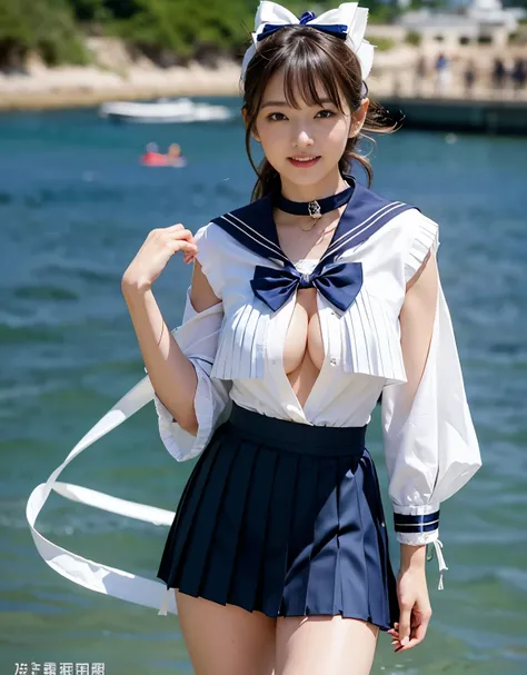 NSFW, 16k raw photos, highest quality, masterpiece, ultra high resolution, film grain, ((She is wearing (a high school sailor uniform).
(navy sailor collar:1.4),(white shirt:1.4),(navy pleats skirt:1.4),(navy bow:1.4))).film, 1 girl, look at the audience, ...