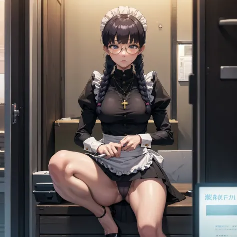 Roberta、Group、Twin braids、Glasses、gem、maid、Opaque Glasses、necklace、apron、Crosaid headdress、crossnecklace、long hair、long sleeve、bangs、Round Glasses、black hair、one girl、solo、Expression of feeling、blush、nipples are visible、sit with your legs apart、clothes get...