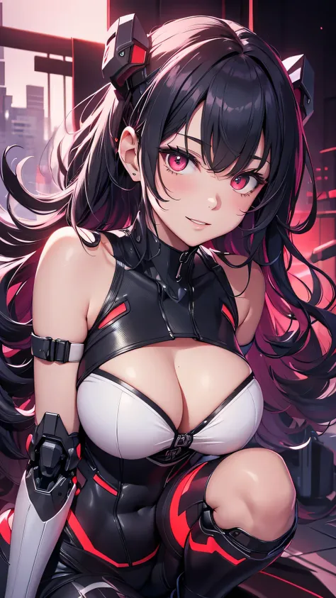 最high quality、best image quality、masterpiece、android girl((18-year-old、 By becoming、vest bust、medium bust,wide open breast tea、red glowing eyes, water hair、messy hair、long hair、thin,highest valley、white robot body、shining blue body、Close ~ eyes、All connect...