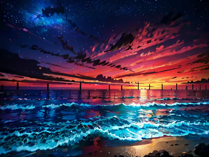 Here is a description for the Progressive House beach party image:

The beach at night is bathed in a soft luminescence as the waves gently lap the shore, making the sand shimmer with light. Above the horizon, a spectacular light show unfolds, a blend of a...