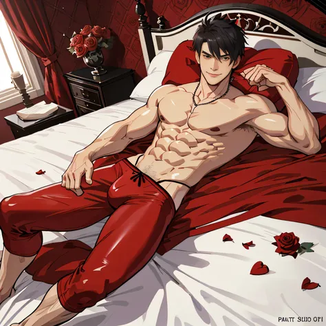 Full body photograph of male youth，smirking, shirtless,   red sexy latex thong，Raised sexy，poses on bed,  Muscular body，A detailed description of the document，Knock on the buttocks，bending in bed，satin red bed sheets,  rose petals, roses on the bed, heart ...