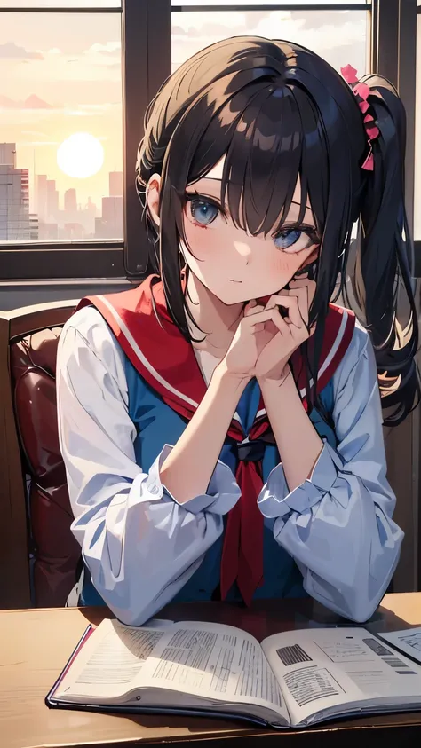 bangs, long hair, hair over eyes, pensive, side ponytail, anime style, UHD, masterpiece, textured skin, highres, best quality, A high school girl rests her chin on her desk while opening a notebook in the library, In the evening, the setting sun is shining...