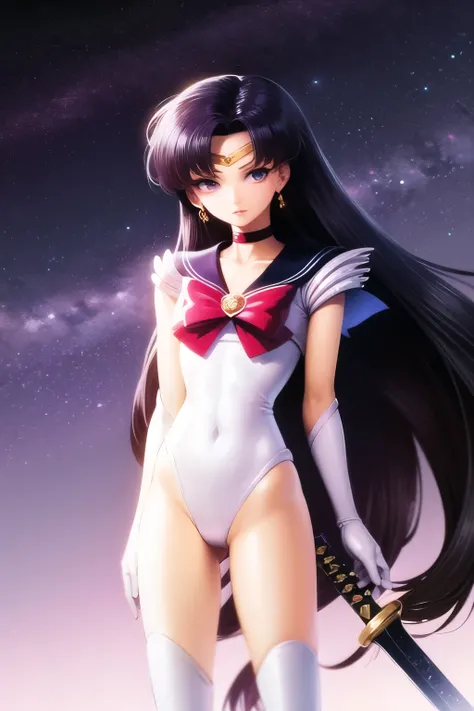 girl, medium close up shot, black tight armor, holding a big sword, very long dark hair, purple color sky, deserted planet landscape, sailor moon style, high quality, detailed image, masterpiece