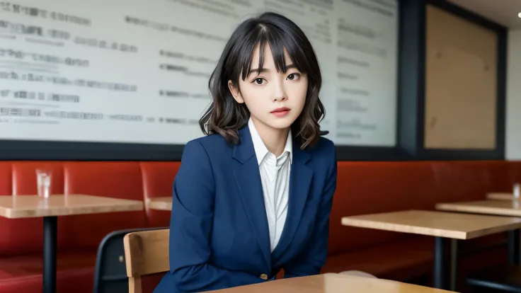 8K, highest quality, real image, intricate details, Super detailed, ultra high resolution, depth field,(realistic,realistic:1.2),table top , front shot , Photographed at a stylish cafe , 1 girl, very beautiful 17 year old girl, innocent big eyes,、beautiful...