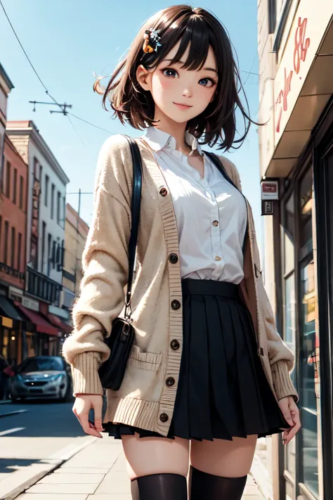 very cute and beautiful girl,teen,(highly detailed beautiful face and eyes),white blouse,
smile,cowboy shot,looking at viewer,
(beige cardigan:1.12) BREAK zettai ryouiki,brown shoulder bag,brown boots,
stylish pose,hair ornament,black hair,(pleated black m...